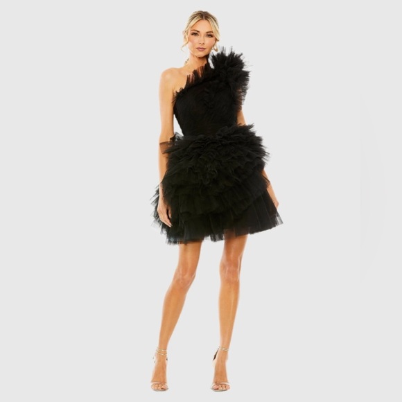 Mac Duggal 20600 NWT Black Tulle Ruffle One Shoulder Mini Dress - Picture 2 of 9